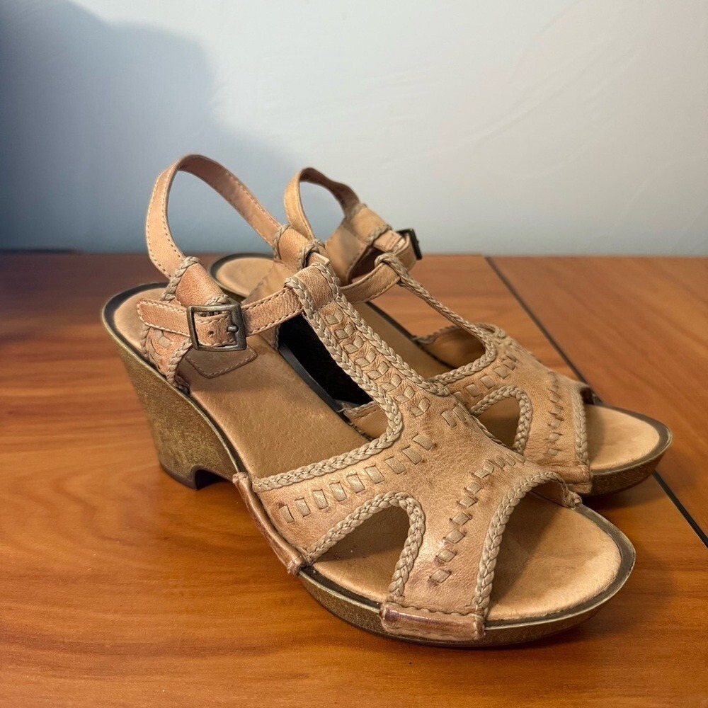 Clarks Tan Leather Braided T-Strap Wedge Sandals